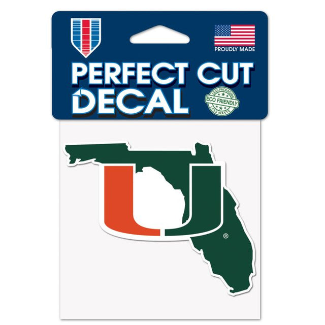 Calcomanía de color de corte perfecto con forma de estado de los Miami Hurricanes de 4" x 4"