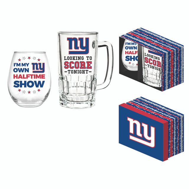 New York Giants Drink Set Boxed 17oz Stemless Wine and 16oz Tankard