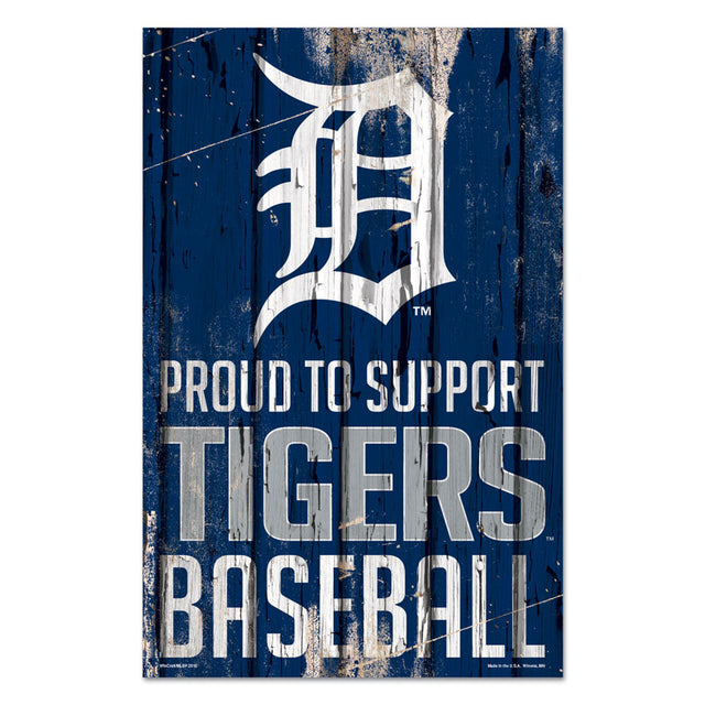 Cartel de madera de 11 x 17 de los Detroit Tigers: orgullosos de apoyar el diseño