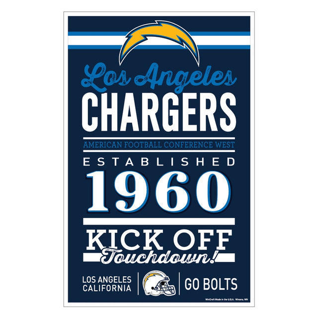 Letrero de madera de 11 x 17 de Los Angeles Chargers, diseño establecido