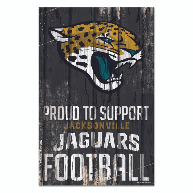 Letrero de madera de 11 x 17 de los Jacksonville Jaguars. Orgullosos de apoyar el diseño
