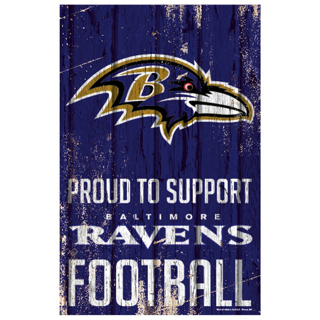 Letrero de madera de 11 x 17 de los Baltimore Ravens. Orgullosos de apoyar el diseño