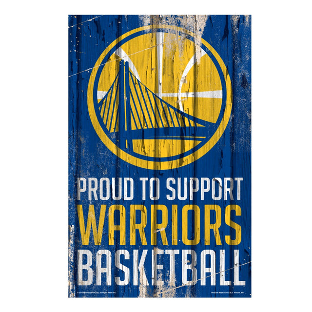 Letrero de madera de los Golden State Warriors de 11 x 17 pulgadas Orgulloso de apoyar el diseño