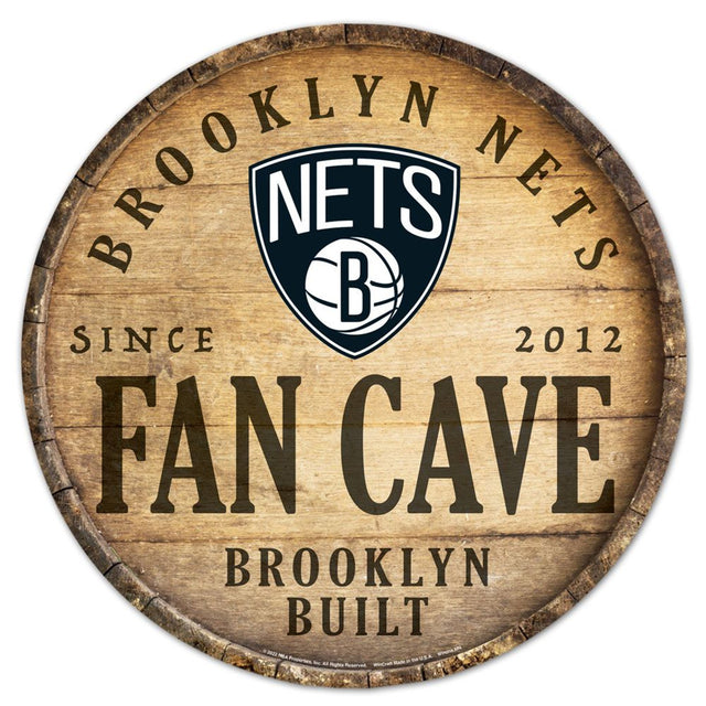 Letrero de madera de los Brooklyn Nets de 14" con diseño de barril redondo