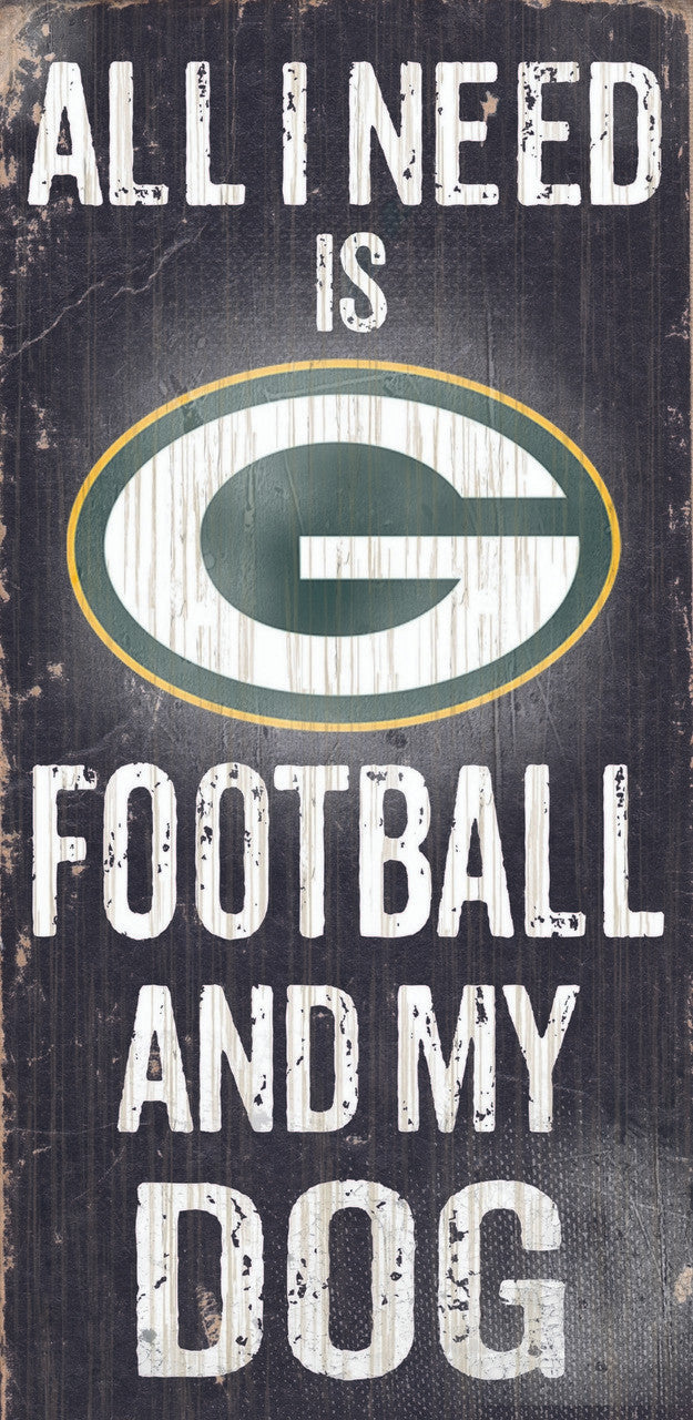 Letrero de madera de los Green Bay Packers: fútbol y perro, 6" x 12"