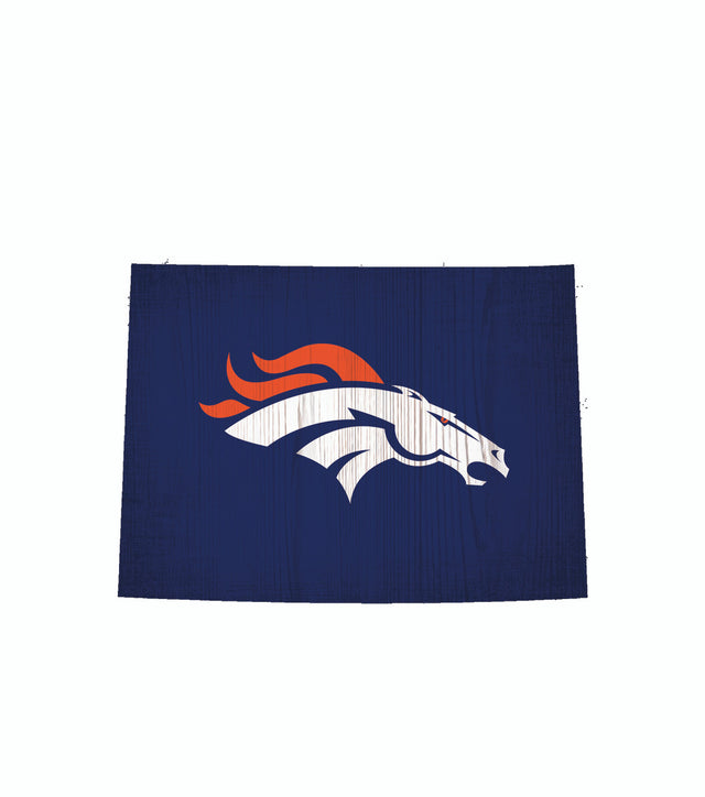 Letrero de madera de los Denver Broncos de 12" con diseño de la forma del estado y los colores del equipo