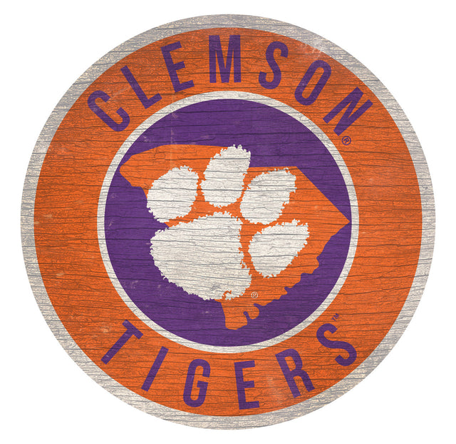 Clemson Tigers Sign Wood 12" Round State Design