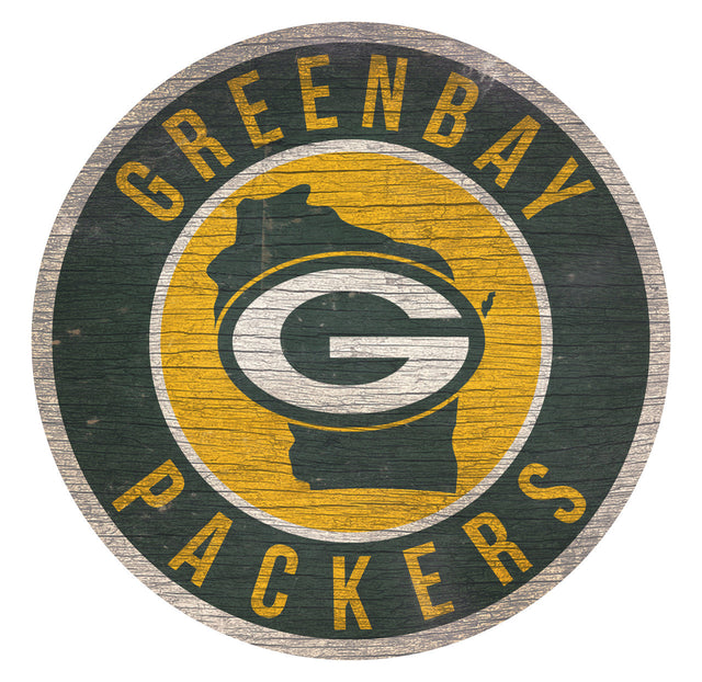 Letrero de madera de los Green Bay Packers de 12" redondo con diseño del estado