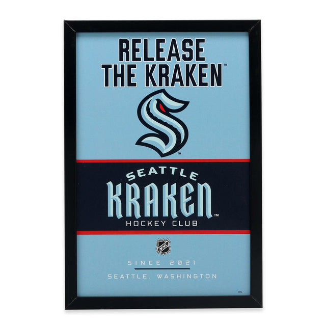 Decoración de pared enmarcada de madera con el espíritu del equipo Seattle Kraken
