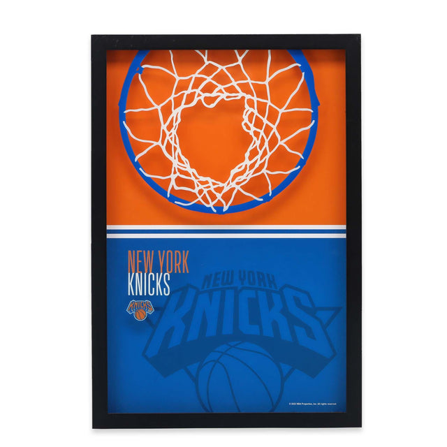 Decoración de pared de vidrio con estampado de bloques de colores y aro de baloncesto de los New York Knicks