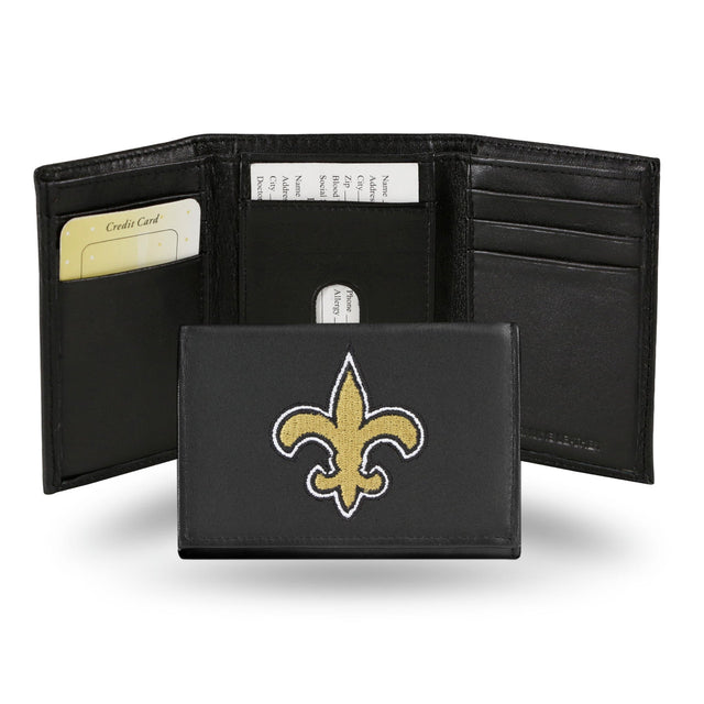 Cartera de cuero con tres pliegues de los New Orleans Saints bordada