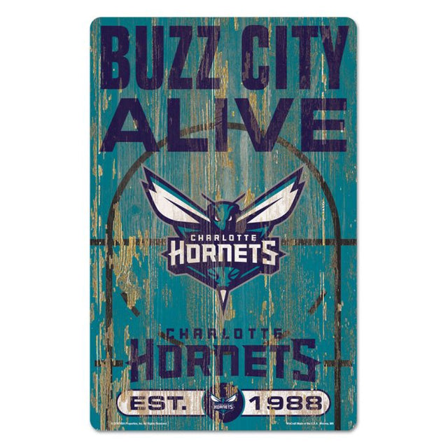 Letrero de madera con el eslogan de los Charlotte Hornets, 11" x 17", 1/4" de grosor