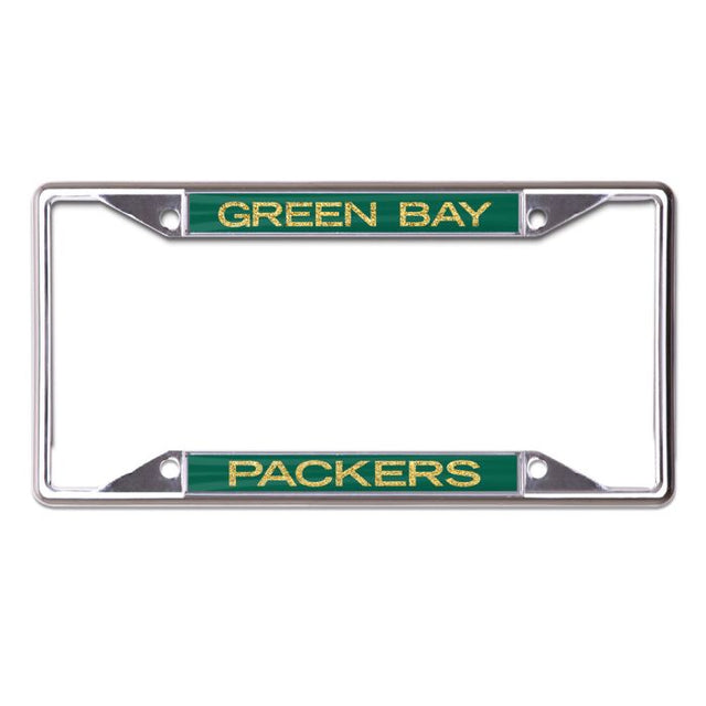 Marco de licencia con letras brillantes de los Green Bay Packers, de acero inoxidable y estampado en color
