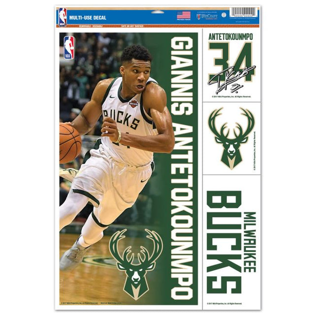 Calcomanía multiusos de los Milwaukee Bucks de 11" x 17" con el nombre de Giannis Antetokounmpo