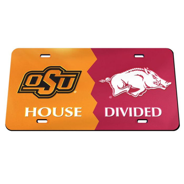 Oklahoma State Cowboys / Arkansas Razorbacks OKLAHOMA ST VS ARKANSAS Specialty Acrylic License Plate Rivalry
