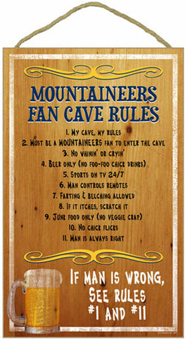 West Virginia Mountaineers Fan Cave Rules Wood Sign