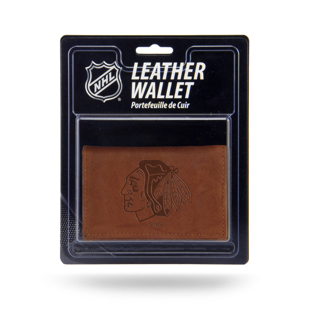 Billetera de cuero con relieve de los Chicago Blackhawks de tres pliegues