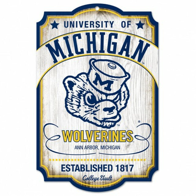 Letrero de madera de los Wolverines de Michigan: bóveda universitaria de 11" x 17"