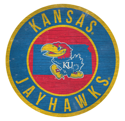 Kansas Jayhawks Sign Wood 12" Round State Design - Special Order