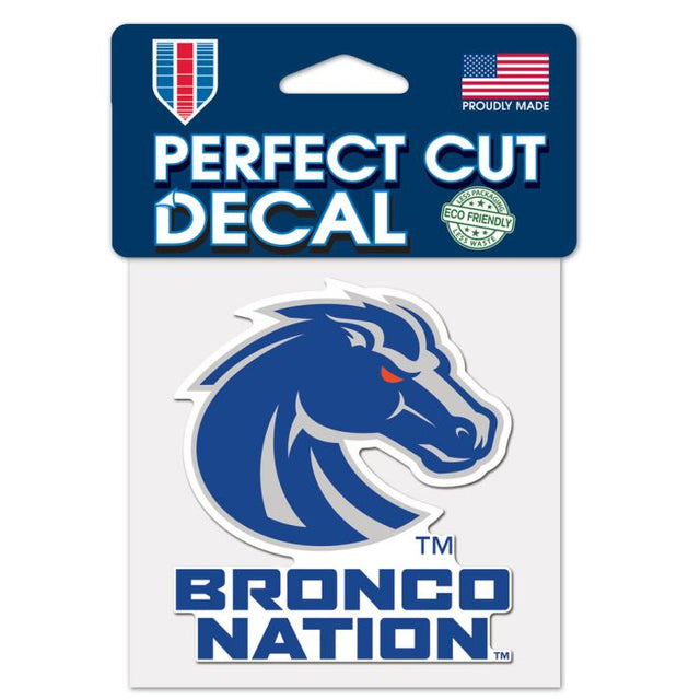 Calcomanía de color de corte perfecto con el lema de los Boise State Broncos de 4" x 4"