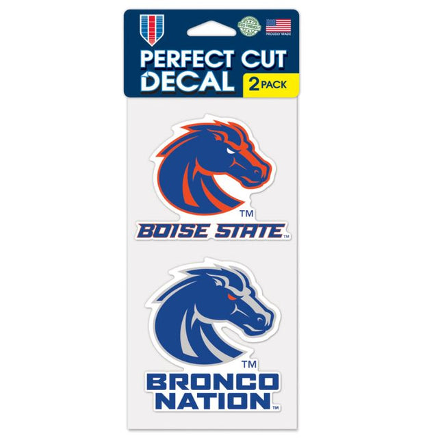 Juego de dos calcomanías de corte perfecto con el eslogan y el logotipo de los Boise State Broncos de 4" x 4"