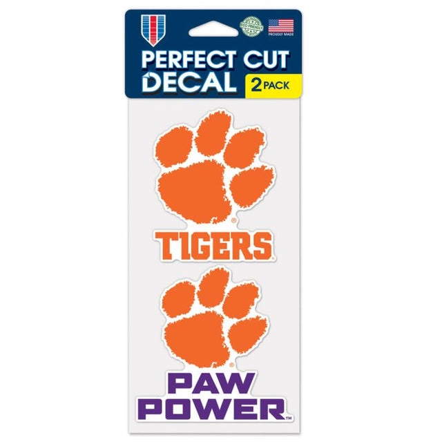 Juego de dos calcomanías de corte perfecto con el lema y el logotipo de Clemson Tigers de 4" x 4"