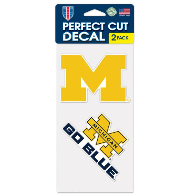 Juego de dos calcomanías de corte perfecto con el lema y el logotipo de Michigan Wolverines de 4" x 4"