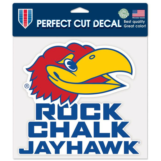 Calcomanía de color de corte perfecto con el lema de los Kansas Jayhawks de 8" x 8"