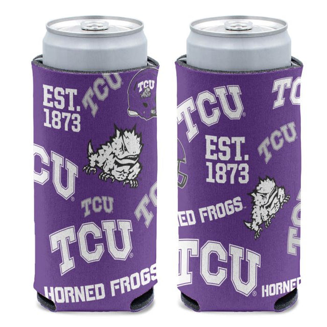 Refrigerador para latas delgado de 12 oz con estampado SCATTERPRINT de TCU Horned Frogs