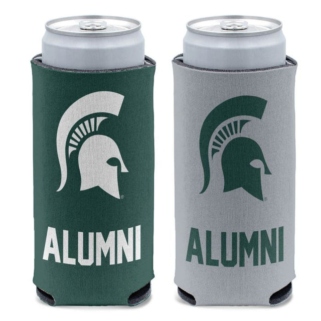 Enfriador de latas delgadas de 12 oz con el logo de los Spartans de Michigan State con el mensaje "NAME DROP ALUMNI"