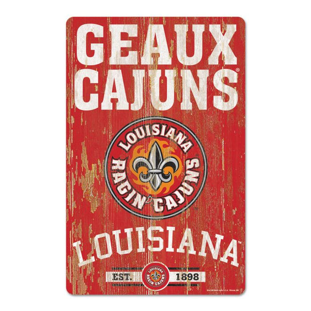 Louisiana - Letrero de madera con el lema de los Lafayette Ragin Cajuns, 11" x 17", 1/4" de grosor