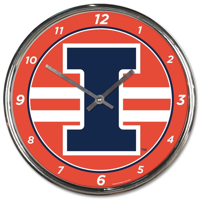 Reloj de pared redondo cromado con la bandera de Illinois Fighting Illini