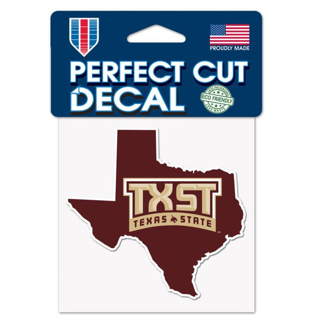 Calcomanía de color de corte perfecto con forma de estado de Texas State Bobcats de 4" x 4"