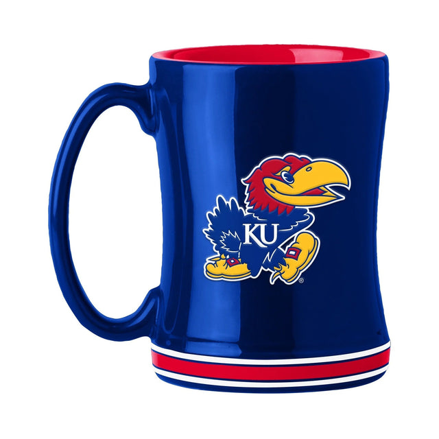 Taza de café de 14 oz de los Kansas Jayhawks con el color del equipo de relevo esculpido