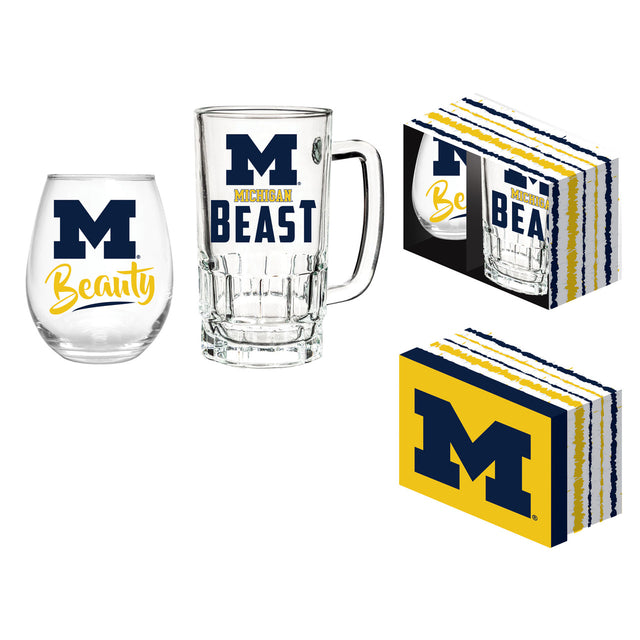 Juego de bebidas Michigan Wolverines en caja de vino sin tallo de 17 oz y jarra de 16 oz