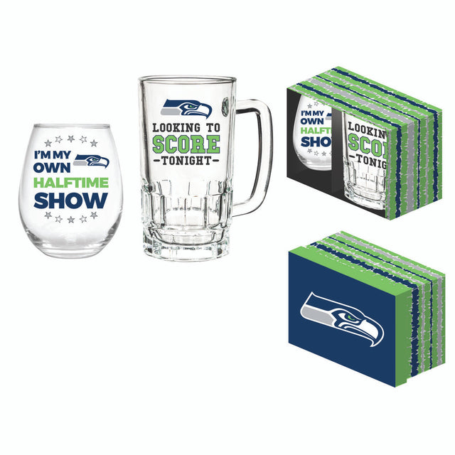 Juego de bebidas de los Seattle Seahawks, vino sin tallo de 17 oz en caja y jarra de 16 oz