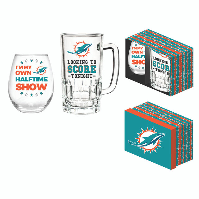 Juego de bebidas de los Miami Dolphins, vino sin tallo de 17 oz en caja y jarra de 16 oz