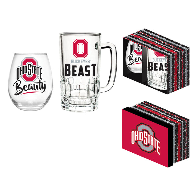 Juego de bebidas Ohio State Buckeyes, vino sin tallo de 17 oz en caja y jarra de 16 oz