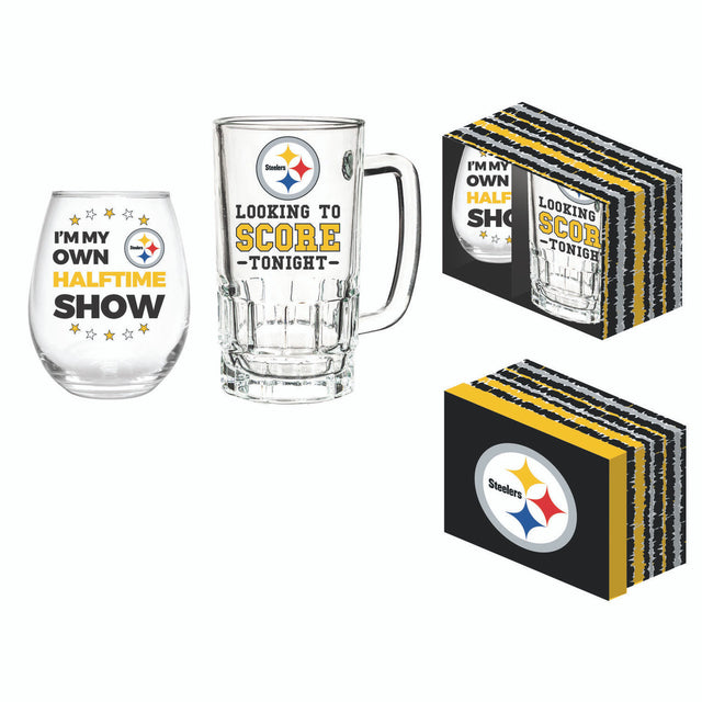 Juego de bebidas de los Pittsburgh Steelers, vino sin tallo de 17 oz en caja y jarra de 16 oz