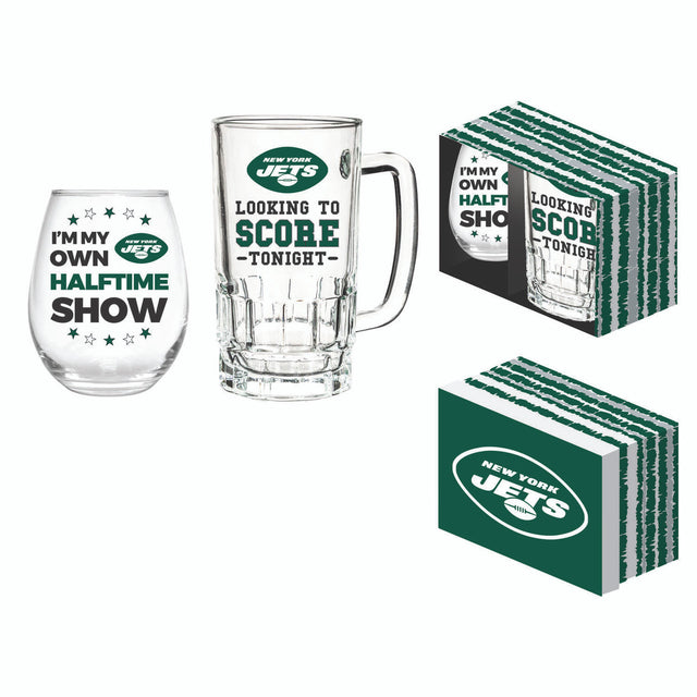 Juego de bebidas de los New York Jets, caja de vino sin tallo de 17 oz y jarra de 16 oz