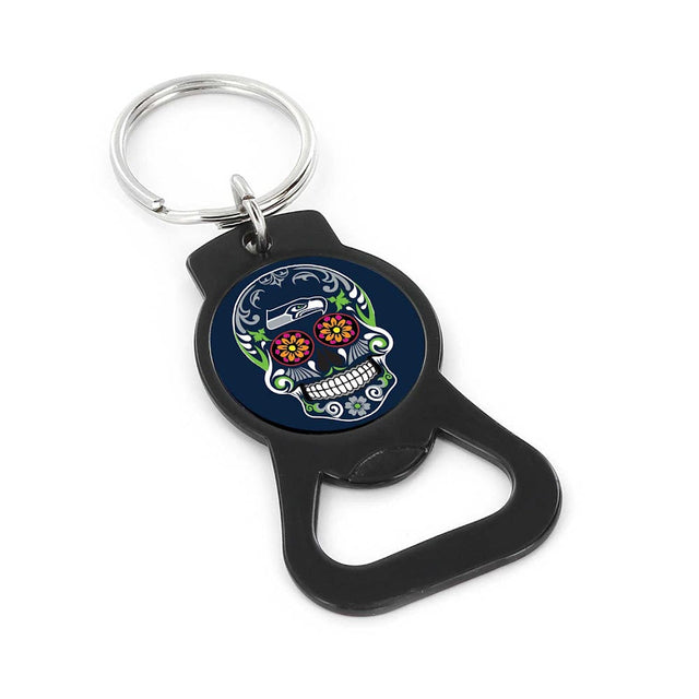 Seattle Seahawks Sugar Skull (BLACK) Bottle Opener Keychain -BK-1187-14-BK