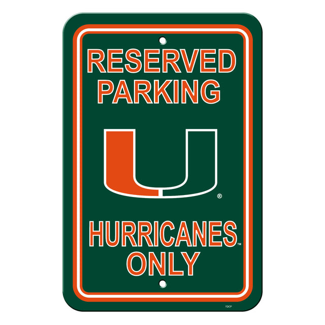 Letrero de plástico de 12 x 18 de los Miami Hurricanes para estacionamiento reservado, estilo CO