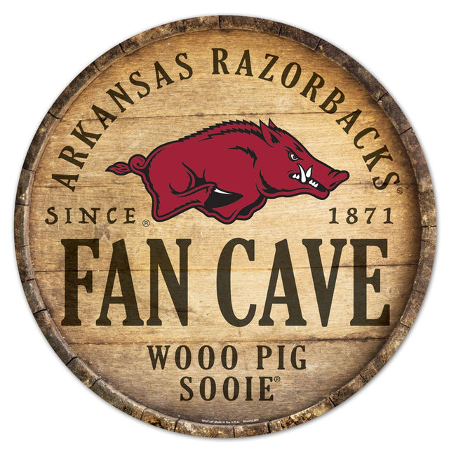 Letrero de madera de Arkansas Razorbacks de 14" con diseño de barril redondo