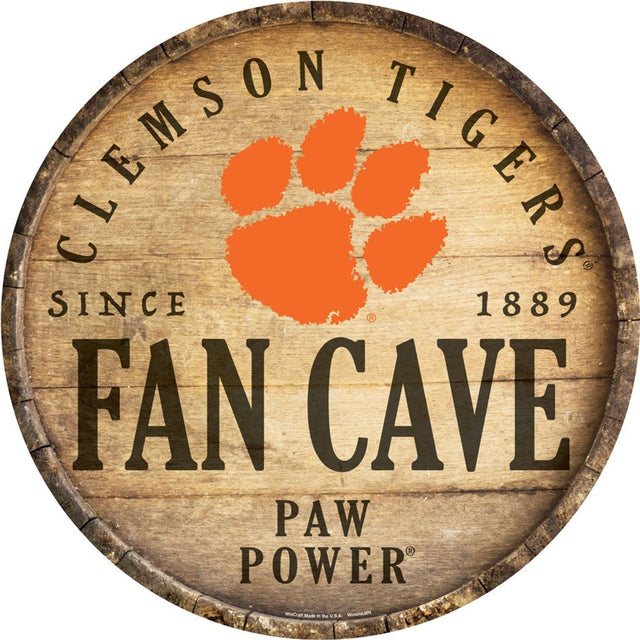 Letrero de madera de los Clemson Tigers de 14" con diseño de barril redondo