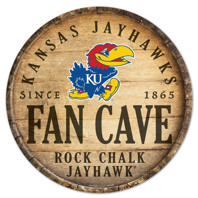 Letrero de madera de los Kansas Jayhawks de 14" con diseño de barril redondo