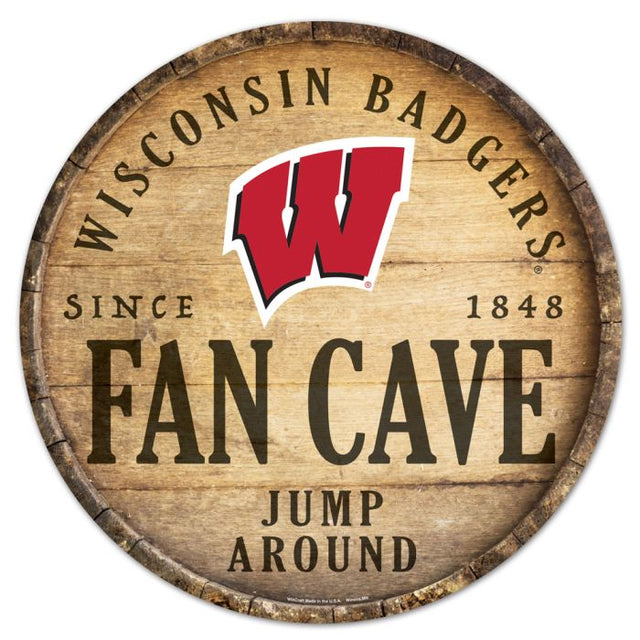 Letrero de madera de 14" redondo con la leyenda "WISCONNEY BADGERS FAN CAVE"