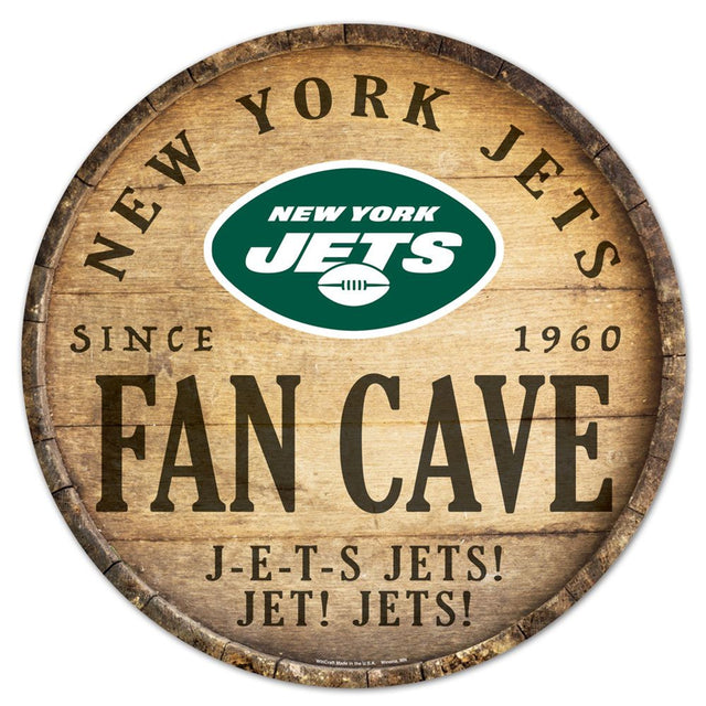 Letrero de madera de los New York Jets de 14" con diseño de barril redondo