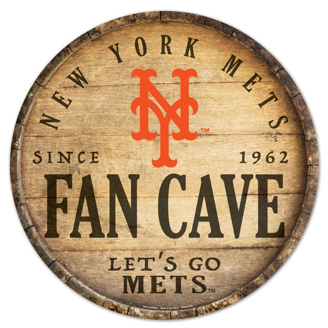 Letrero de madera de los New York Mets de 14" con diseño de barril redondo