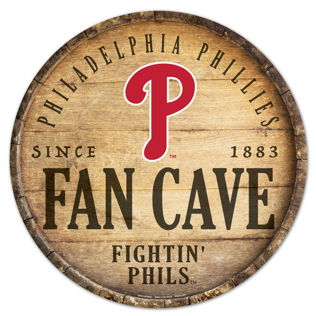 Letrero de madera de los Philadelphia Phillies de 14" con tapa de barril redonda