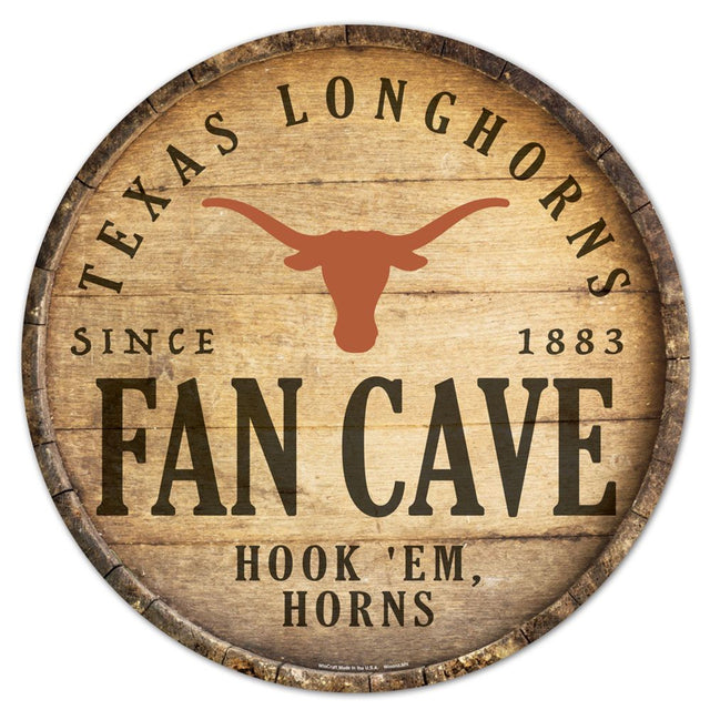 Letrero de madera de los Texas Longhorns de 14" con diseño de barril redondo